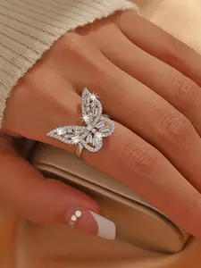 Butterfly Design Rhinestone Decorated Ring, Elegant Engagement Ring for Women, Anniversary Ring, Fashion Jewelry Accessories for Party, Daily Clothing Decor