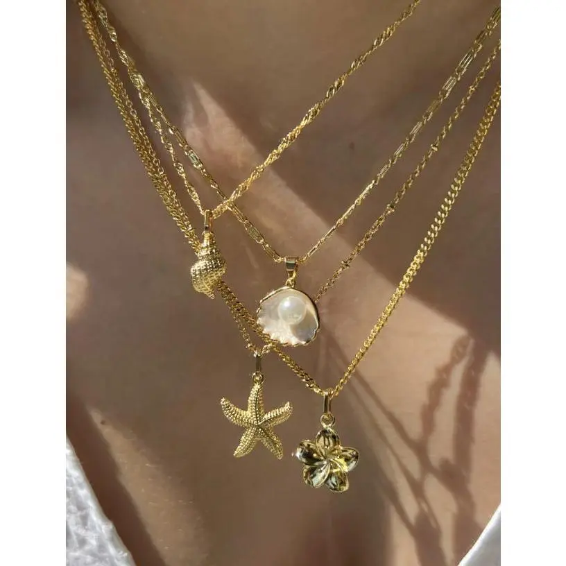 Vintage Shiny Shell Starfish Pendant Necklace for Women Simple Multilayer Thin Chain Choker Bridal Neck Jewelry