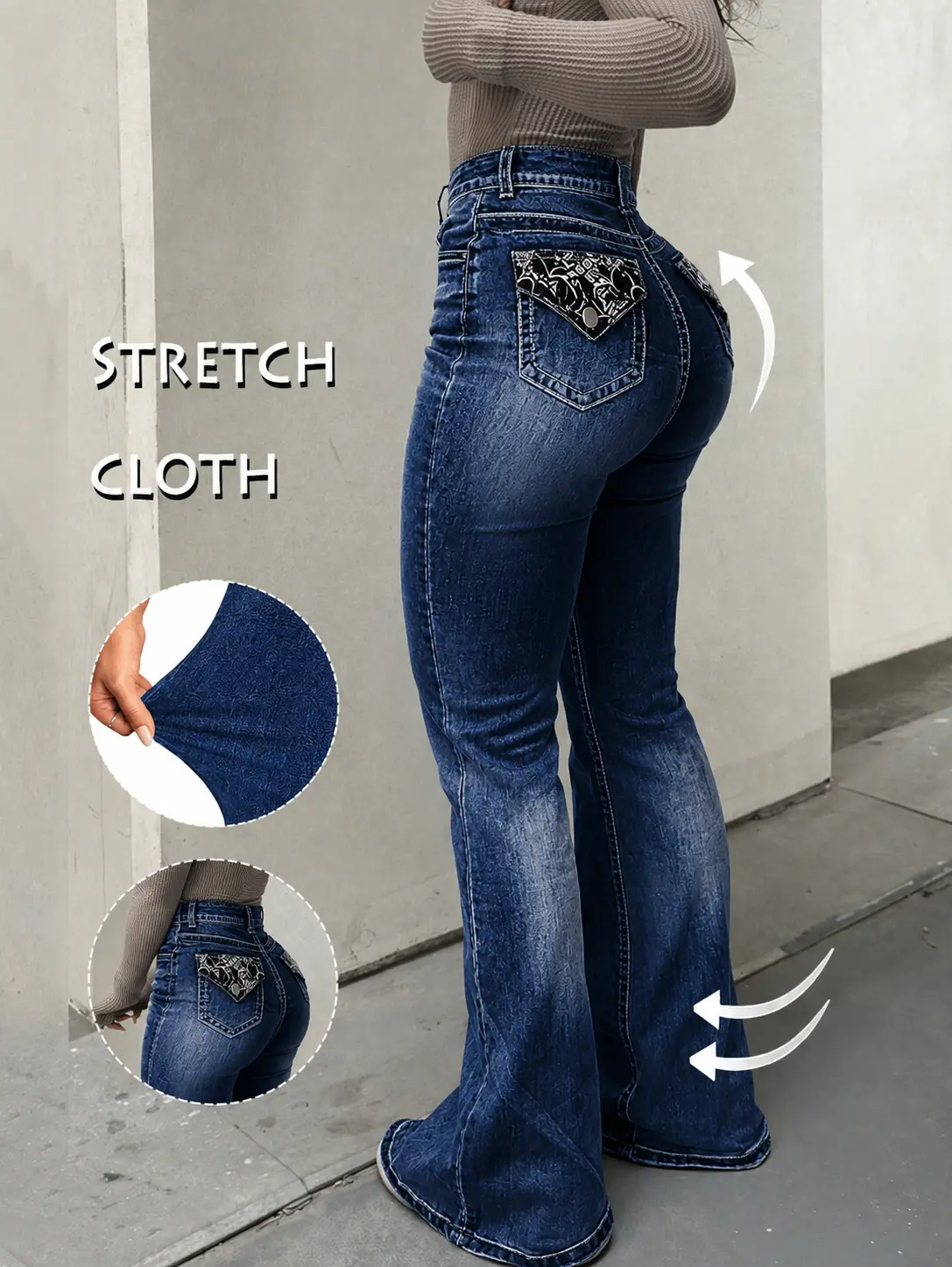 Mid Rise Stretch Flare Bootcut Jeans for Women Dark Wash Contrast Stitch Lace Patch Back Pockets Denim Pants