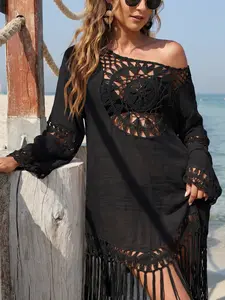 Boho Fringe Beach Cover-Up, Crochet Hollow Out Long Sleeve, Bikini Outerwear, Swimsuit Cover Up, for Beach Vacation, Oym6a19352
