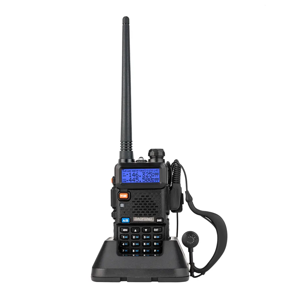 Baofeng BF-UV5R 5.00W Dual Band Analog Two-Way Radio, 1500mAh Li-ion Battery, US Standard Charger, Separate Charging Dock & Earpiece Included, FCC Certified, Handheld Walkie Talkie for Adults, Outdoor, Hiking, Camping & Security Use Emergency