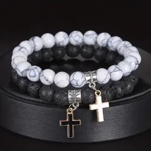 Lava Rock Stone Couple Bracelet Set For Women Men BlackWhite 8mm Natural Volcanic Stone Beads Elastic CrossPendant Stretch Beaded Bracelets