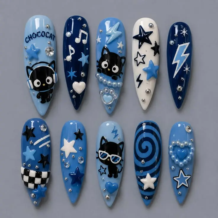 Chococated Sanrioes Y2K Press-On Nails  | 3D Stars, Lightning & Pearl Charms | FREE Adhesive Tabs FREE Nail File FREE Cuticle Stick