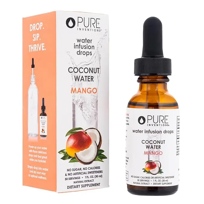 Pure Inventions Natural Liquid Premium Coconut Water Mango Infusion Drops - Electrolytes, Sugar-Free, 0 Calories, No Artificial Sweeteners, Clean Ingredients - 30 Servings Sports & Energy Hydration