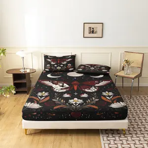3pcs Boho Moth Moon Phase Fitted Sheet Set, Vintage Gothic Floral Bed Sheets with Pillowcases, Witchy Cottagecore Aesthetic Bedding for Bedroom (1 Fitted Sheet + 2 Pillowcase No Pillow)