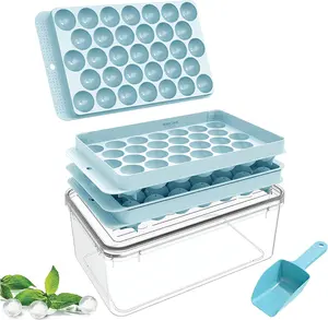 Ice Cube Trays With Lid & Bin Round Ice Mold Making for freezer 66 x 1in Ice Ball, Circle Ice Cube Tray Chilling Cocktail Whiskey Tea Coffee (2 Sphere Ice Trays & 1 Container & scoop) (Clear Lid)