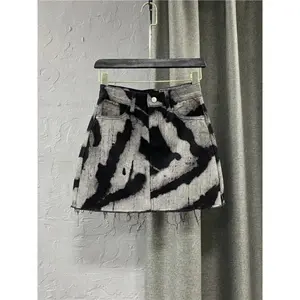 Black Gray Tie Dye Denim Short Skirt High Waist Personalized Pattern Denim Skirt Fringed A-line Skirt Fashion Versatile Skirt Womenswear Bottomoutfits