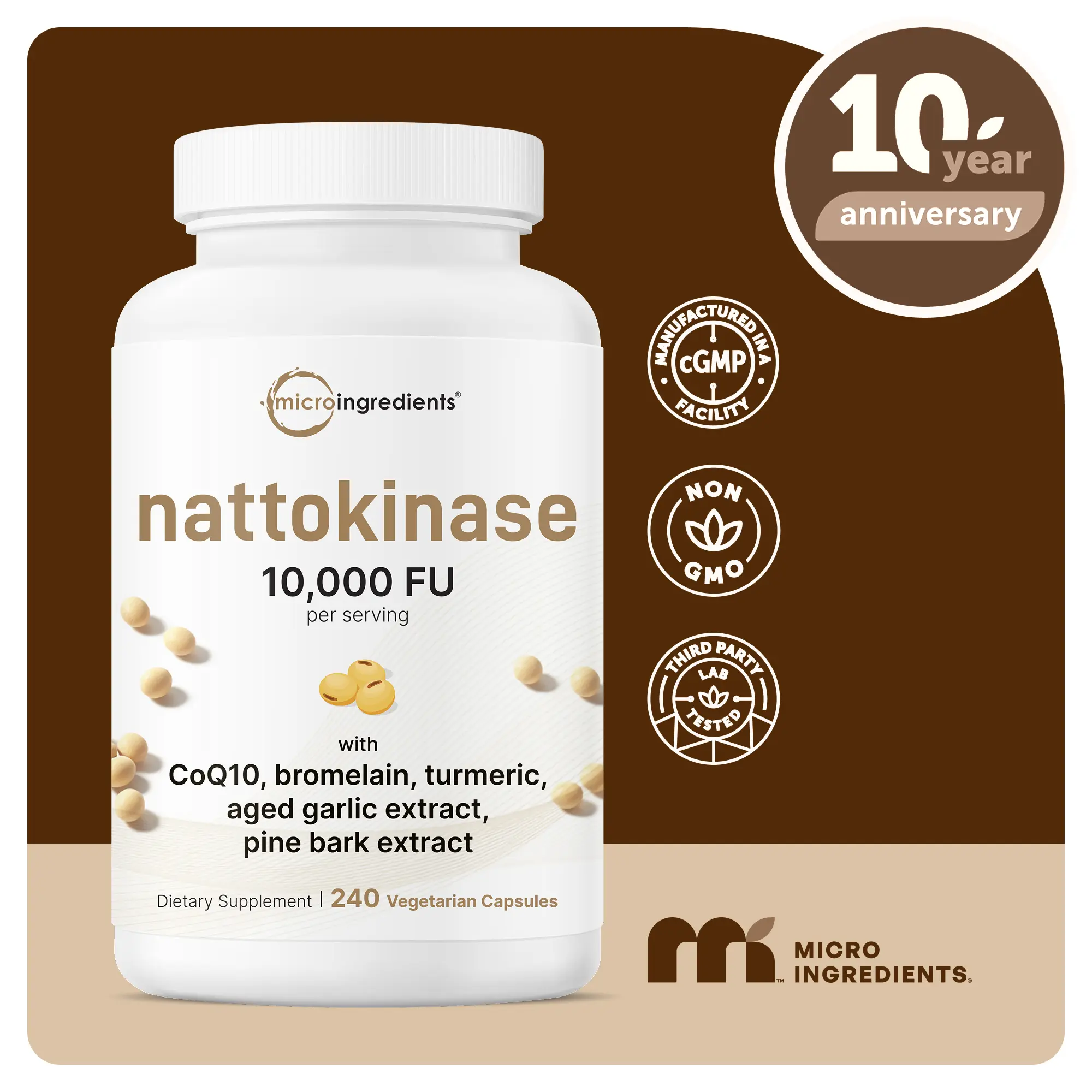Micro Ingredients Nattokinase (Derived from Japanese Natto) 10,000FU Complex, 240 Vegetarian Capsules | with Coq 10, Turmeric, Aged Garlic & More, Non-GMO, No Gluten