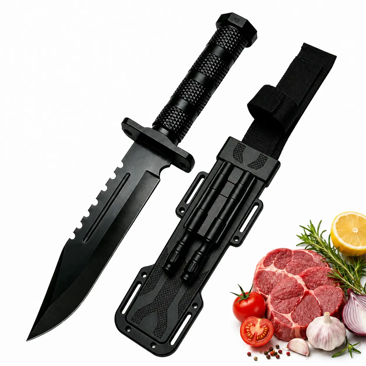Home Cooking Prep Knife - Matte Black Blade, Textured Handle, Protective Sheath, Built-In Accessory Storage - Kitchen Knives for BBQ Prep, Barbecue Lovers