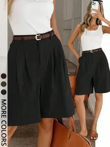 1 Piece High Waist Pleated Wide Leg Bermuda Shorts (Belt Not Included), Commuter Casual Basic Straight Leg Shorts