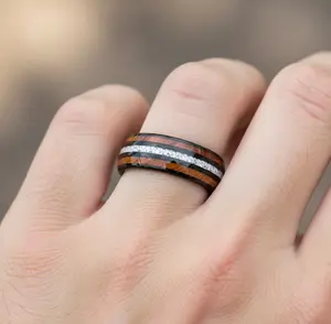 Black IP Plated Koa Wood & Crushed White Turquoise Inlay 8mm Tungsten Wedding Rings, Men's Anniversary Ring, Engagement Ring For Men & Women