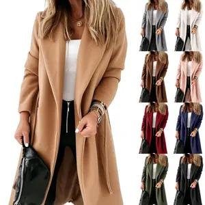 FMEYOA Womens 2025 Notched Lapel Collar Coats Open Front Long Jackets Overcoat with Belt