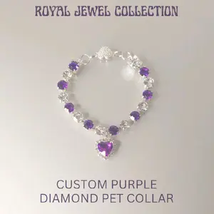 Pet Collar Custom Purple & Diamonds Crystal Heart Necklace Magnetic Breakaway Safe for Dogs & Cats