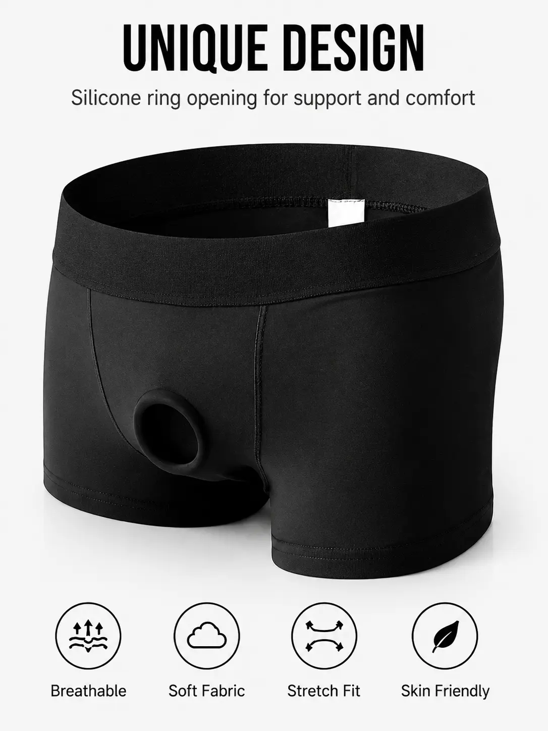 Men's Silicone Design Plain Sexy Boxer Briefs - Hollow-Out Underwear with Comfortable Fit, Stretch Waistband, Menswear Basics for Everyday Wear, Boyshorts, Silicone Ring, Sweet, Daily Outfits, Low Waist, Sexy Sweet, Lightweight, Cotton Elastane, Hollow-Ou