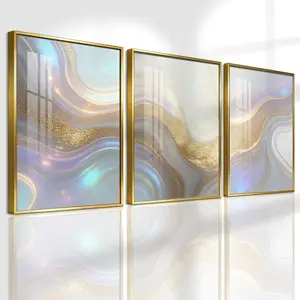 3 Counts Aluminum Alloy Framed Painting, Abstract Golden And Silver Fluid Art Pattern, Home Decoration For Living Room, Bedroom, Office, Restaurant, Hallway Wall Decor, Odorless Print Artwork, Luxury Perfect Gift For Friends And Family
