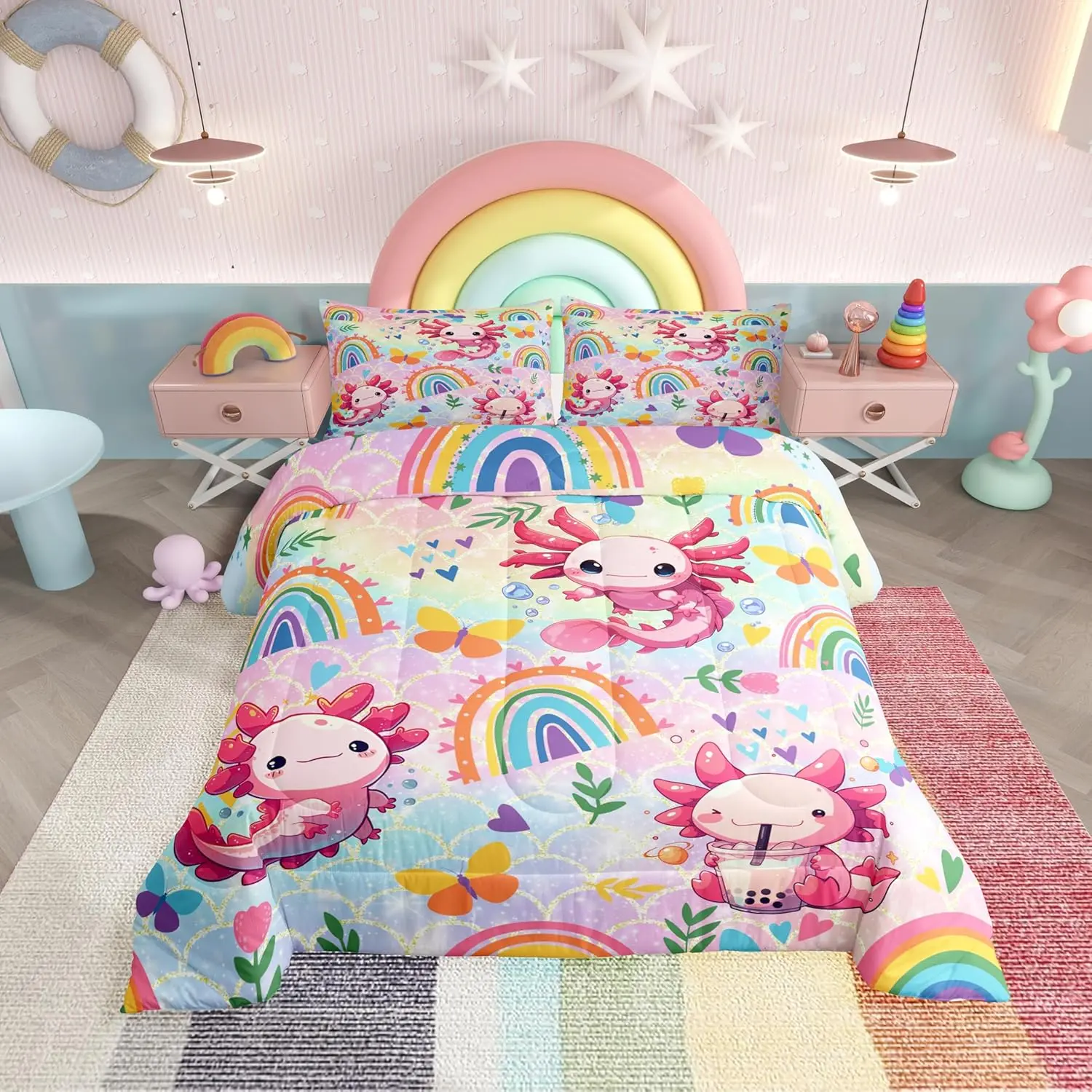 Feelyou Cute Axolotl Digital Printed Comforter Set - Soft Microfiber Bedroom Bundle, Breathable Cartoon Blanket, Rainbow-Butterflies Ombre Quilt, Geometric Modern Bedding for Daughters’ Cozy Setup (Multi-Size; Includes Comforter)