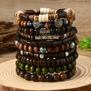 10PCs boho chic wooden bead bracelet set for men & women-vintage style couples' Adjustable Beaded Design