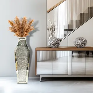 Luxury Crushed Diamond Mirrored Floor Flower Vase Silver Glass Vase for Flowers
