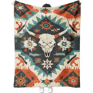 Southwestern Tribal Throw Blanket, Bull Skull Aztec Soft Flannel Blanket for Naps, Outdoor, Travel, Office, Gift