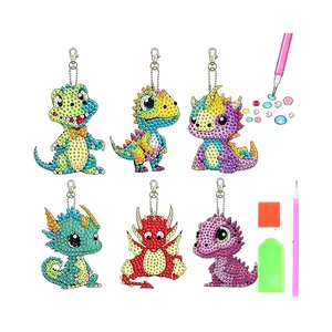 Rhinestone Decor Dinosaur Keychain, 6 Counts DIY Diamond Arts Colorful Painting Keychain, Handmade Mosaic Keychain Decoration, Stylish Keychain, Trendy Cute Keychain, Keychain For Bags