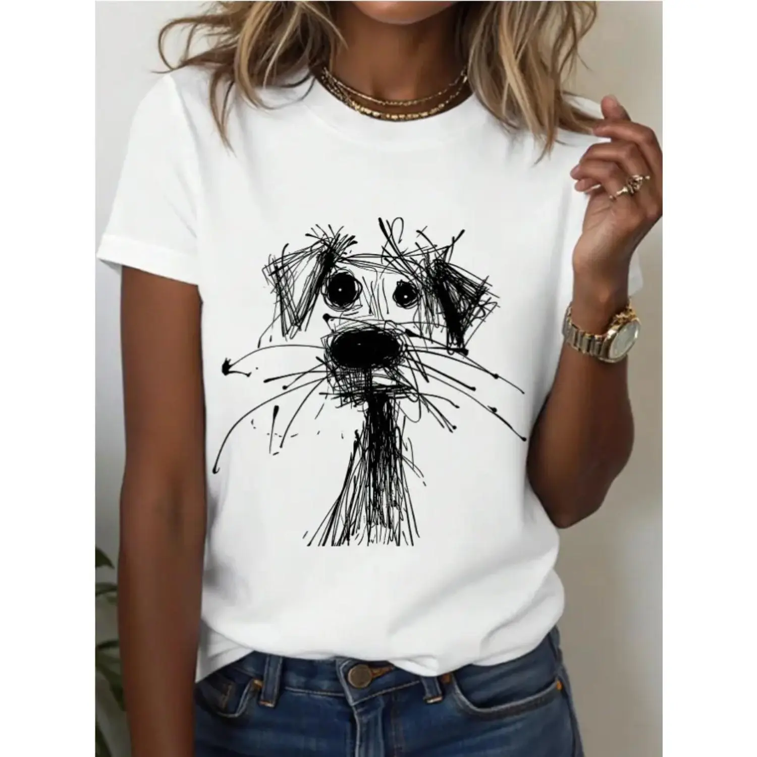 Versatile Women’s Casual Round Neck Puppy Doodle Print Short Sleeve Oversized Cotton T-shirt Made in USA