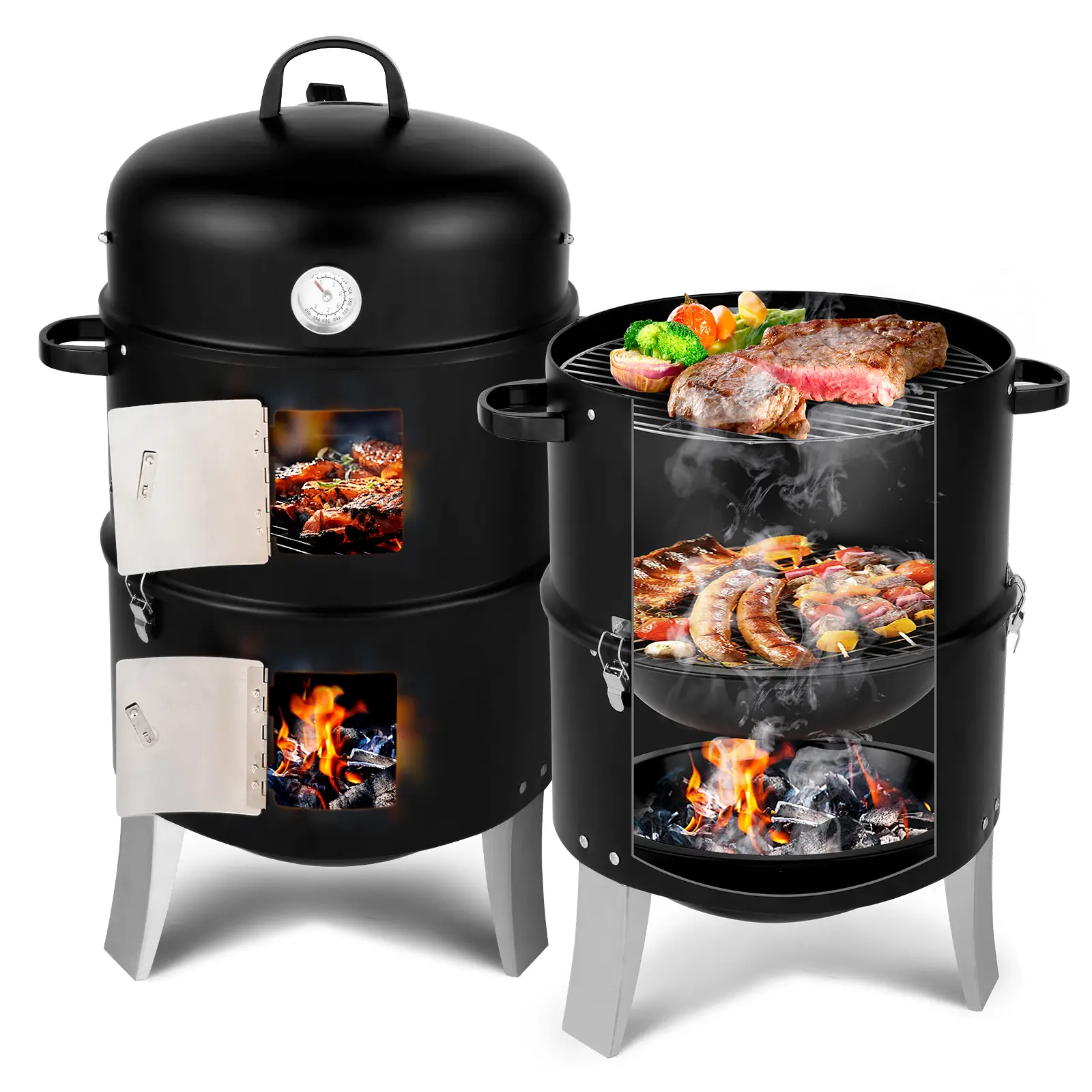 Vertical Stainless Steel Charcoal Smoker - Heavy-Duty Double-Layer Round Charcoal Grills BBQ, Ideal for Grilling Outdoor Cooking, Cooking BBQ Camping, Outdoor Barbecue Use, Barbecue Smoker