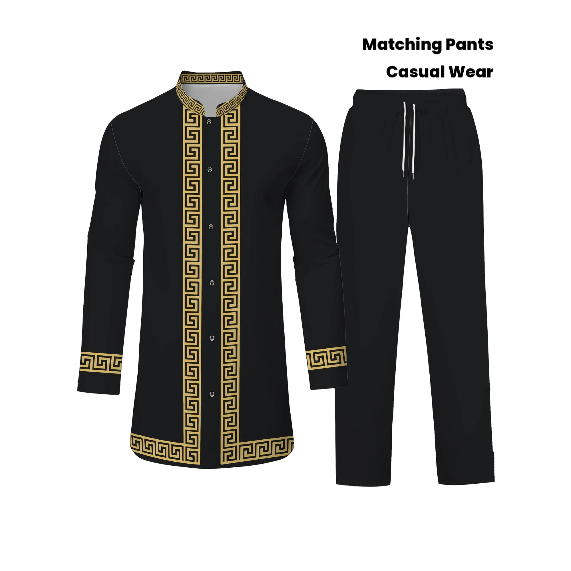 Men's 2-Piece Thobe Set, Casual Ethnic African Print Long Sleeve Shirt and Pants, Polyester Menswear for Hajj & Umrah, Clothes