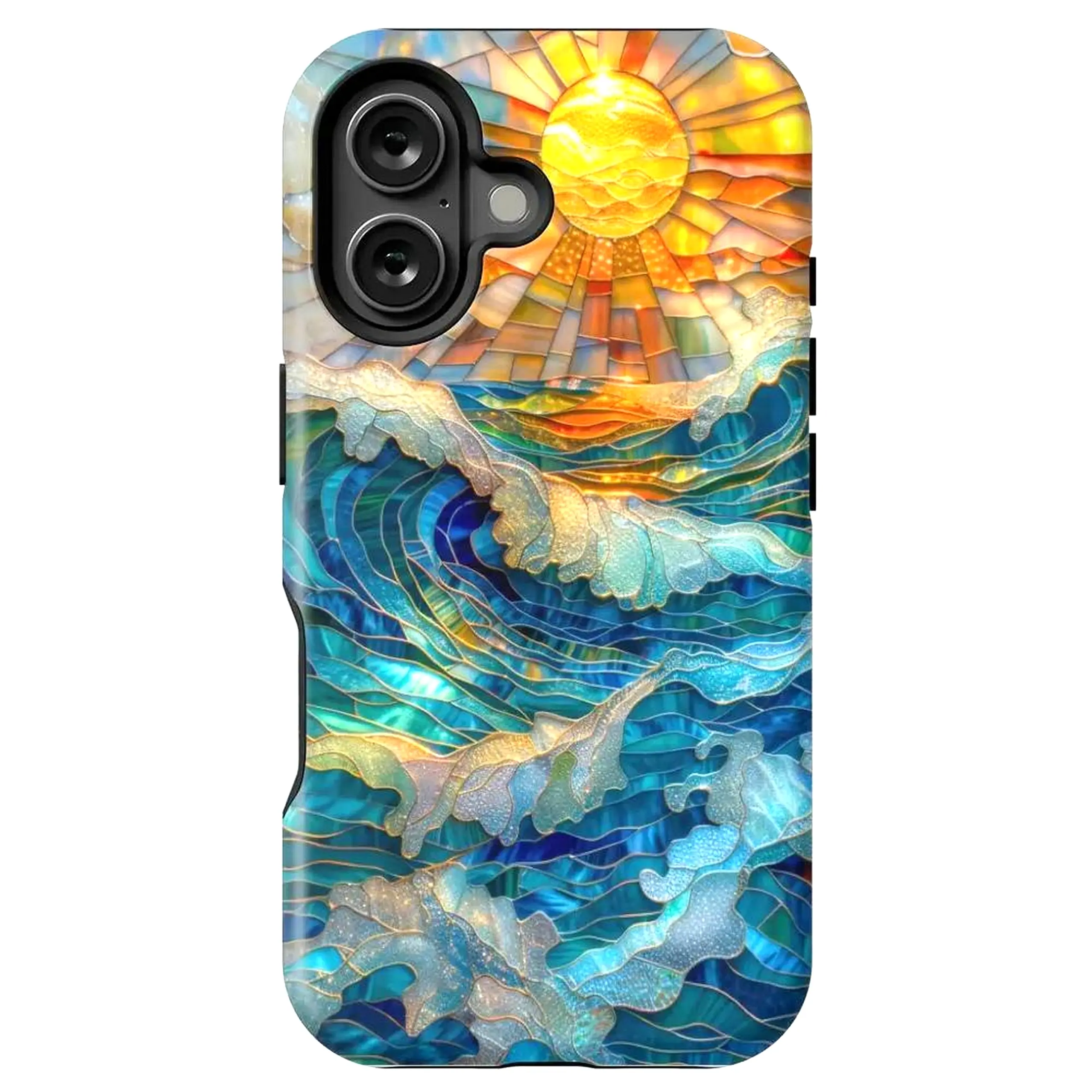 Glittercutie Whimsical Ocean Waves at Sunset Stained Glass Mosaic Smartphone Case - Shockproof 2-Piece Polycarbonate Protection Cover for iPhone 17 Air,16,15,14 Plus,13,12,11 Pro Max (Mobile Phone Accessory)