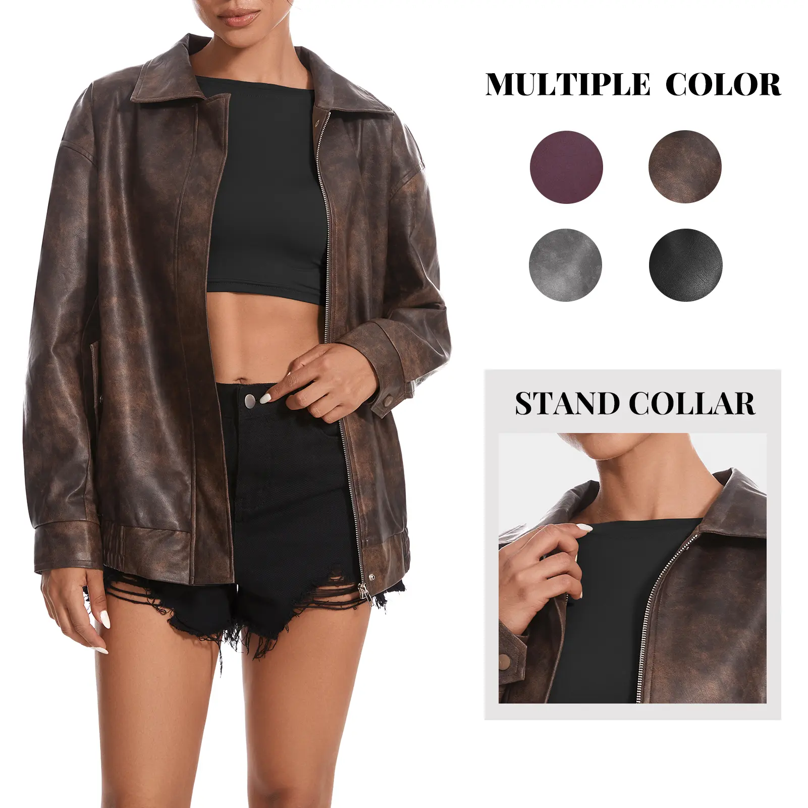 Women's Faux Leather Oversized Long Sleeve Zip-Up Biker Jacket - Comfortable Moto Coat, Fashion Apparel for Casual Travel, Trending Women's Clothes Outerwear, Coats, Trending Clothes, Jackets Zip Up, Cool Girl Style, Smooth, Lady, Plain, Zippered