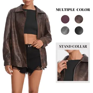 Casly Lamiit Women's Faux Leather Jackets Long Sleeve Zipper Oversized Motorcycle Biker Coat Trendy Travel Casual Outfits Stand Collar Multiple Colors Outerwear Wind & Water-Resistant Premium Faux Leather leather jacket women