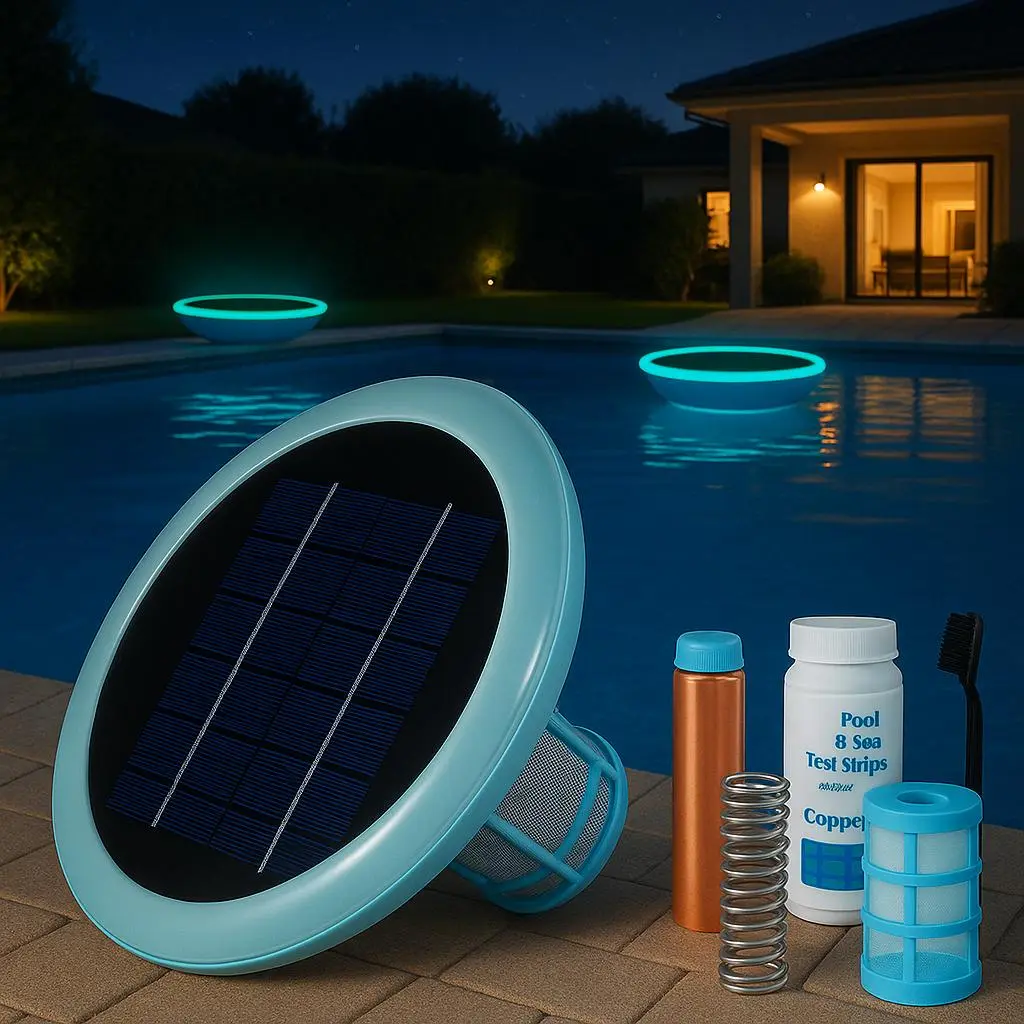Floating Solar Pool Ionizer - Self-Luminous Copper Ionization Water Cleaner & Purifier, Outdoor Swimming Pool Accessory, Up to 45000 Gal, 85% Less Chlorine, Chlorine-Free Water, Pool Accessories