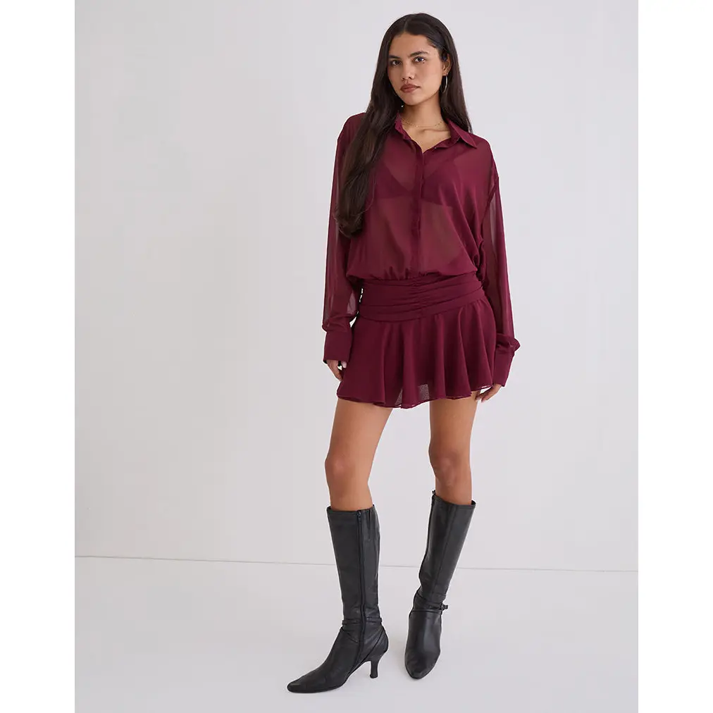 Azphira Long Sleeve Button Up Playsuit in Burgundy