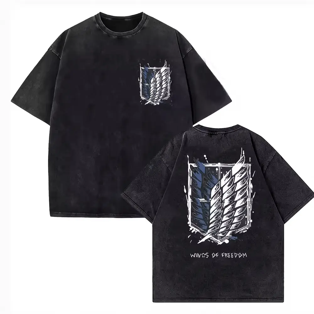 Men's High-Quality Cotton Attack on Titan Crew Neck Short-Sleeve T-Shirt - Vintage Washed Graphic Print, Mikasa Ackerman, Eren Jaeger, Titan Wings, Fitted Cut, Personalized, Retro Classic, All Seasons Menswear, Sporty Chic, 2XL, 3XL Multi-Size Casual Top