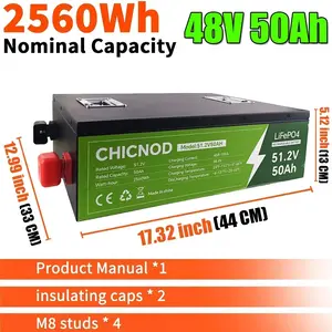 CHICNOD 48V 50Ah LiFePO4 Battery 2560Wh Solar Golf Cart with Built-in BMS Safe Long Cycle 15000+ Cycles for YAMAHA Club Car