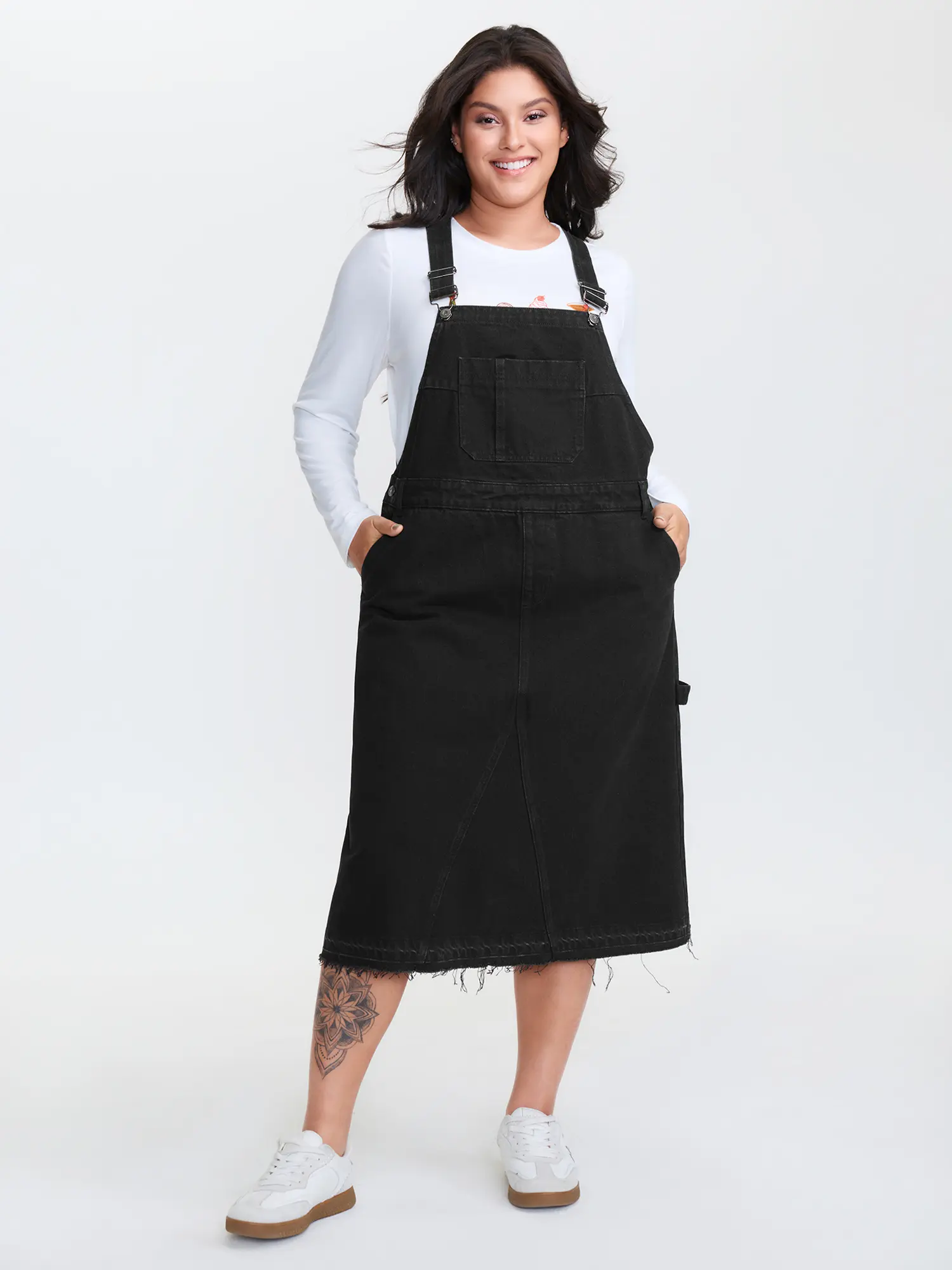 BloomChic Women's Basic Strappy Solid Denim Overall Dress - Sleeveless Loose-Fit Jumper with Adjustable Straps, Slanted Pockets, False Placket, Casual Wear for Summer (Women's Clothes, Clothes), Loose Cut, Apron Dress Casual Dresses