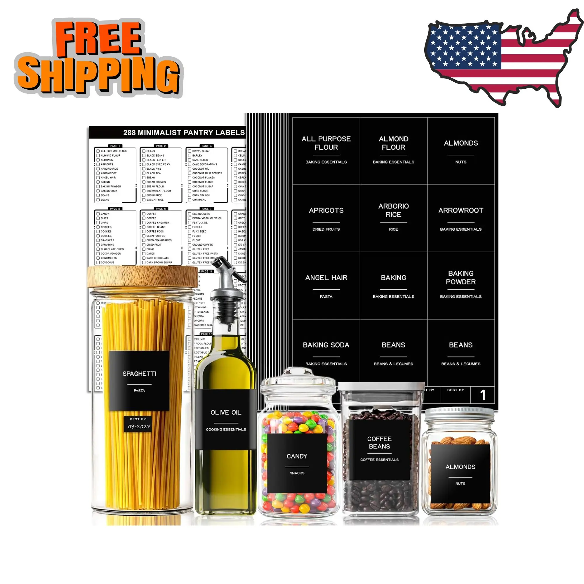 288 Pantry Labels for Food Containers, Black