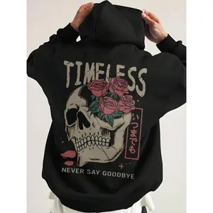 Men's Hooded Cotton Blend Sweatshirt with Rose Skull Pattern, Casual Autumn Winter Long Sleeve Pullover, Comfortable Elastic Fabric, Regular Fit - Ideal Gift, Halloween Menswear Graphics Outdoor Outerwear Polyester Street Style