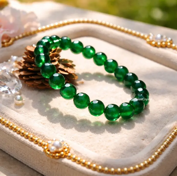 AAA+ Natural Emerald Crystal Bracelet, 8MM Round Beads, Classic Stretch Fit Stacking Jewelry for Everyday Wear, Green Gemstone Healing Reiki Gift