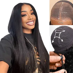 Nadula Glueless Yaki Straight Wig With Drawstring 7x5 Closure Pre-Cut Lace Black Bleached Knots 100% Human Hair 180% Density Easy to Install TikTokShopStockUp