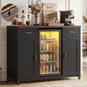 Homieasy Coffee Bar Cabinet with Mini Fridge Space, Mini Fridge Cabinet Stand with Power Outlet, Liquor Wine Cabinets with Drawer and Door Storage, Buffet Sideboard Table for Dining Room Kitchen
