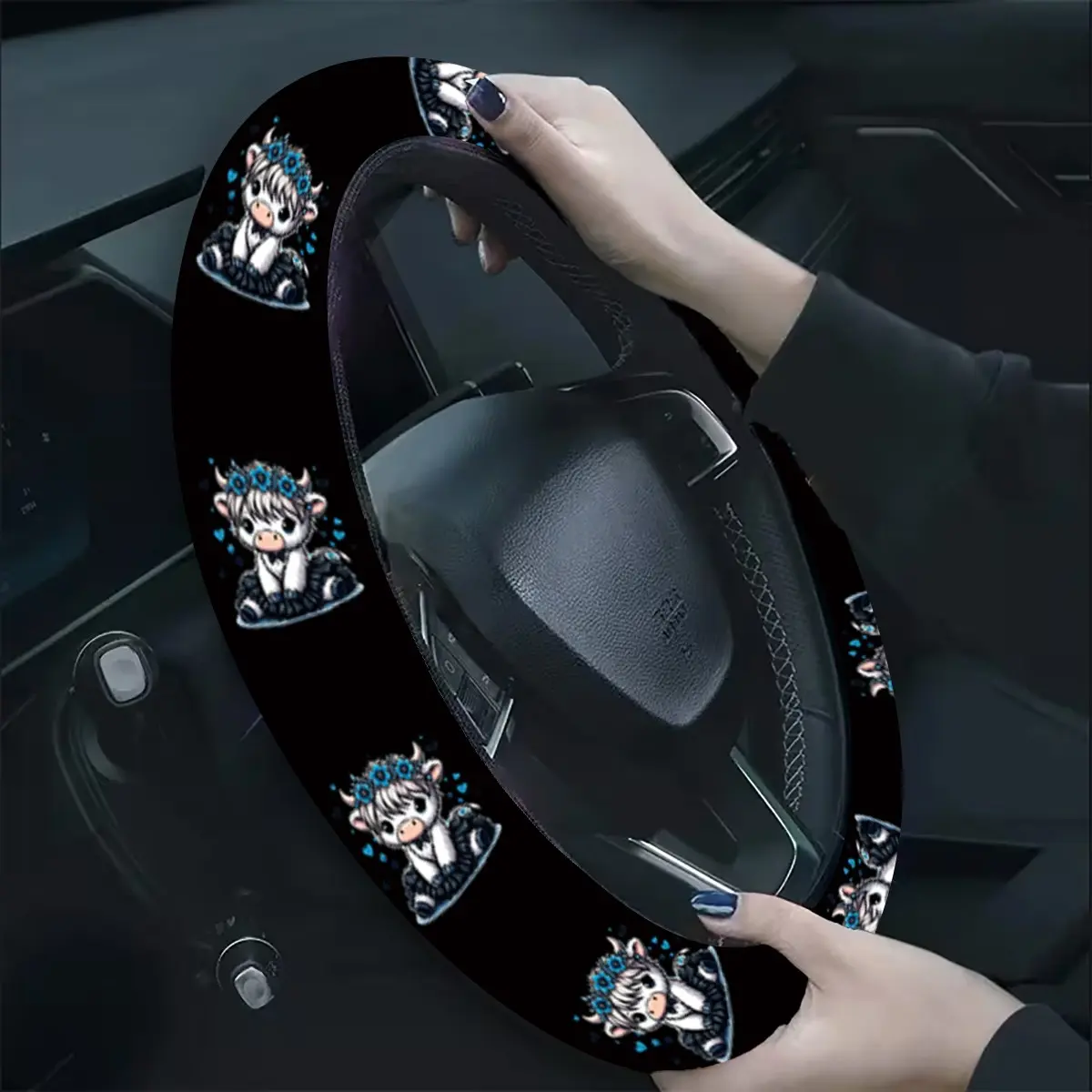 1pc 1.6 x 15 inch Highland cow sunflowers Pattern car steering wheel cover, non-slip, car interior accessory, Car accessories, no inner ring, easy to install and remove, suitable for all car models, a gift for car enthusiasts,3.12CYJ-7