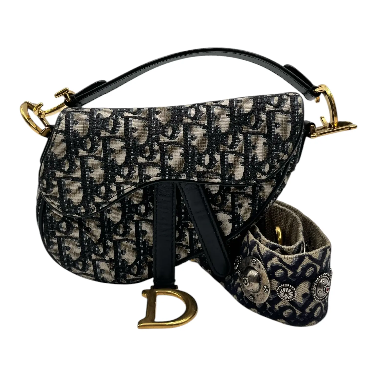Pre-owned Dior Canvas Shoulder Bags OBLIQUE JACQUARD SMALL SADDLE BAG WITH GOLD HARDWARE