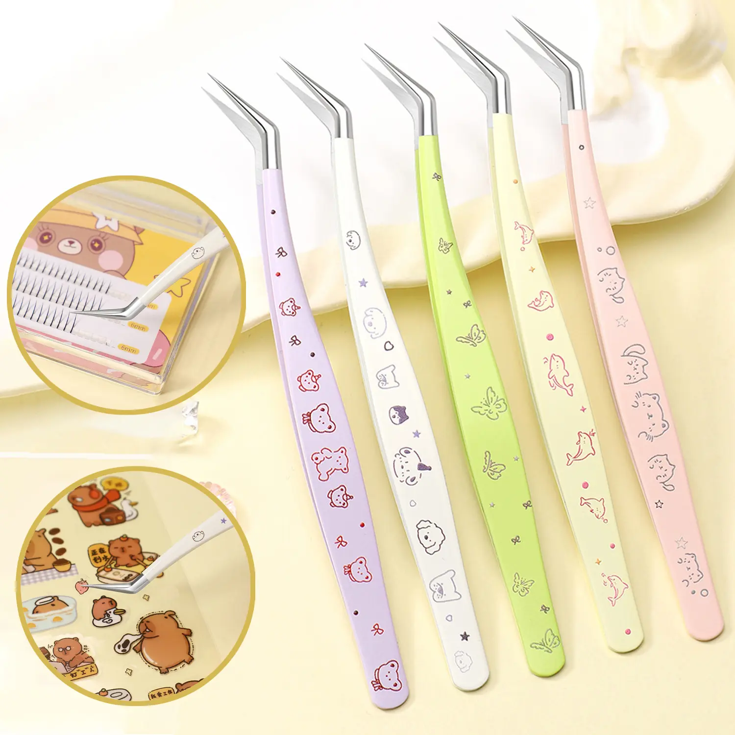 Cute Stainless Steel Precision Tweezers for Crafts, Stickers, Nail Art & Eyelash Extensions, Fine Tip Tweezers with Protective Case