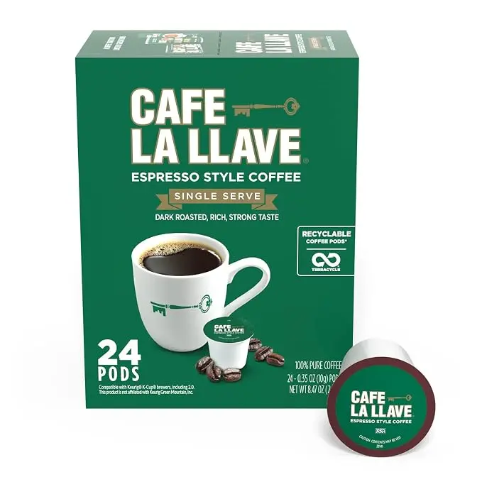 Café La Llave Espresso Single Serve Coffee Pods, Dark Roast, 24ct | Compatible with Keurig Coffee Pod Brewers, Convenient Single Serve Brewing, Fresh Coffee in Every Cup, Bold Latin Flavor