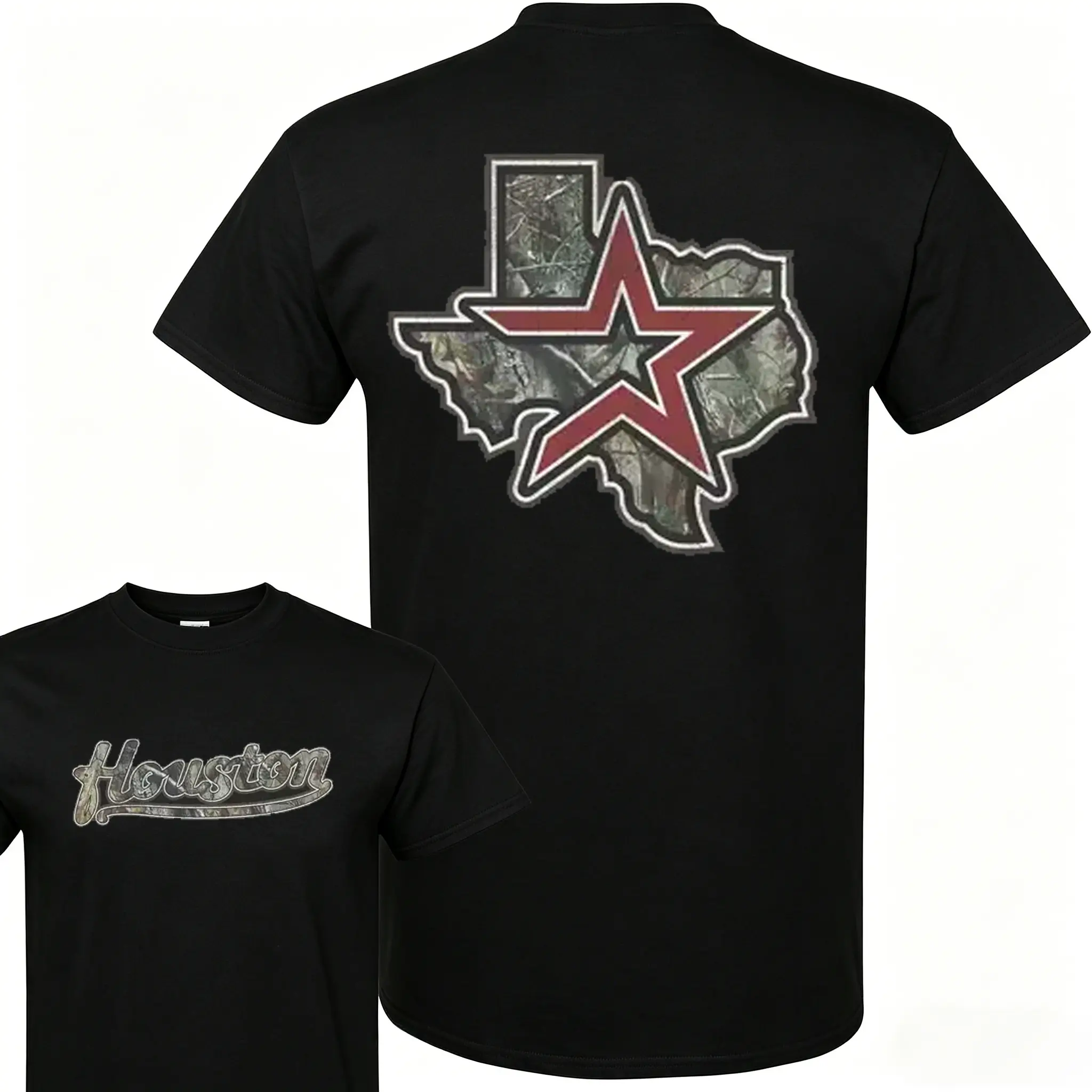 [Red Street Outfit][Outdoor Style]Vintage Houston Texas Camo Inspired Graphic T-Shirt Unisex Streetwear Tee Camo Star Edition Casual Heavyweight Short Sleeve Top for Men Women Daily All Season Outfit