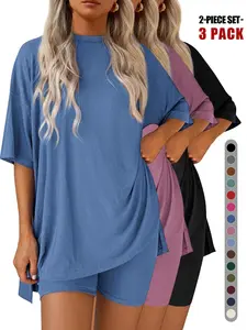 Spring Summer Casual Women's Set, Ladies Top and Shorts Clothing Set, Striped Loose-Fitting T-Shirt, Regular Length, All Seasons