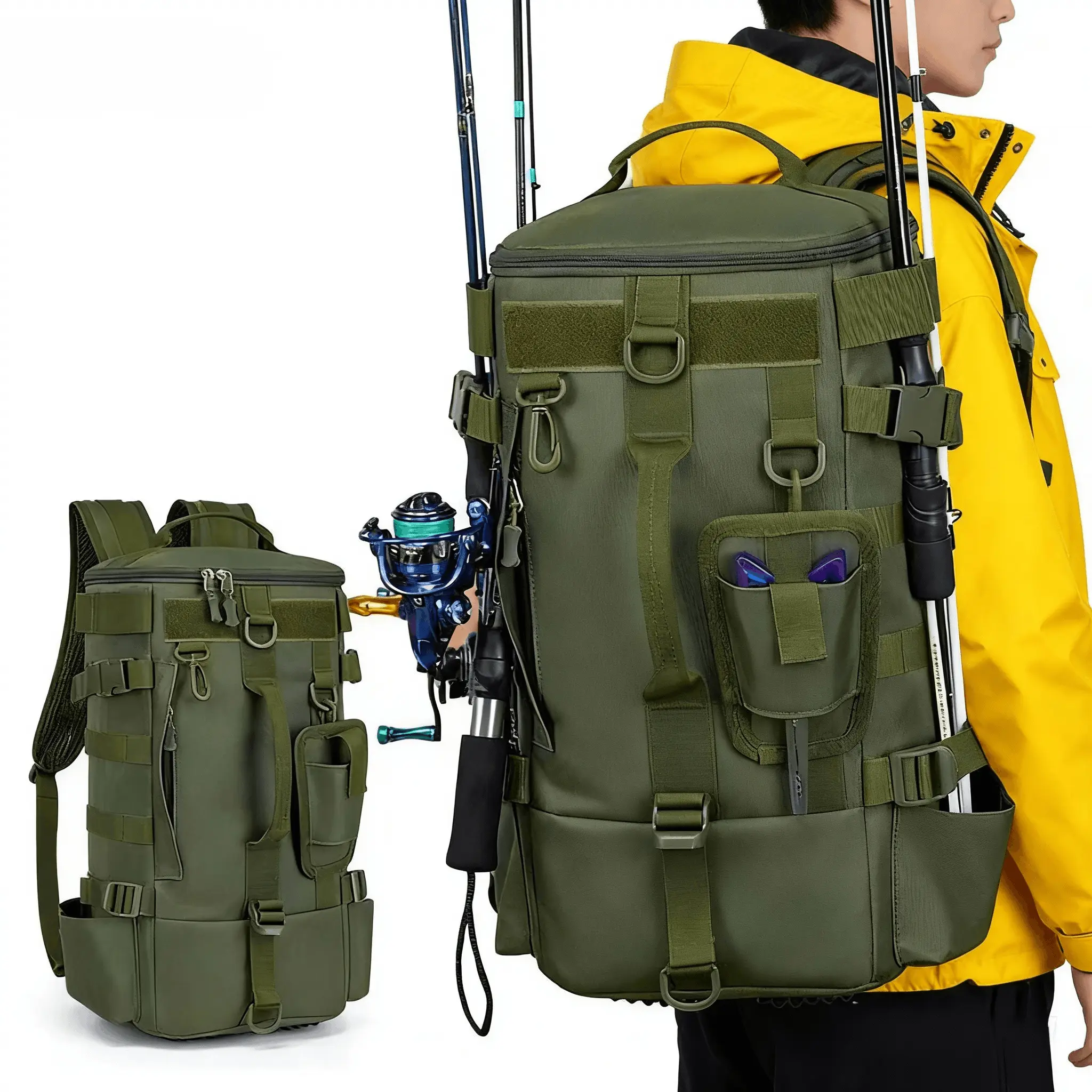 Unisex Nylon Fabric Fishing Tackle Backpack with Foldable Lure Pole Holder, Lightweight Military Green Waterproof Bag, Dry-Wet Compartments, Multiple Pockets for Hiking/Fishing Freshwater Anglers Outdoor Sports Gift