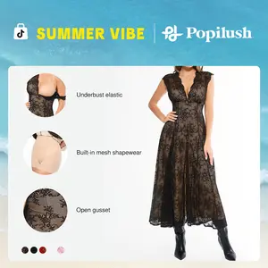 Popilush Shapewear Boho Floral Lace Maxi Dress - A-Line Front Slit Waist Smoothing & Bust Support Formal Soft