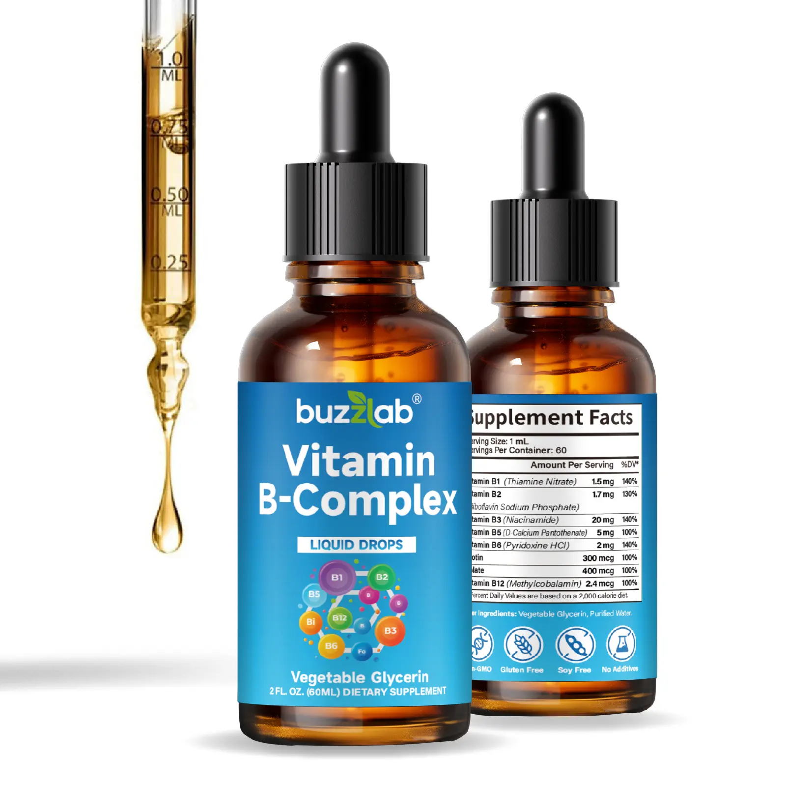 Buzzlab Vitamin B Complex Liquid Drops - Sublingual B12, B6 & Biotin - Max Absorption Energy & Immune Support - Non-GMO, 2 Fl Oz