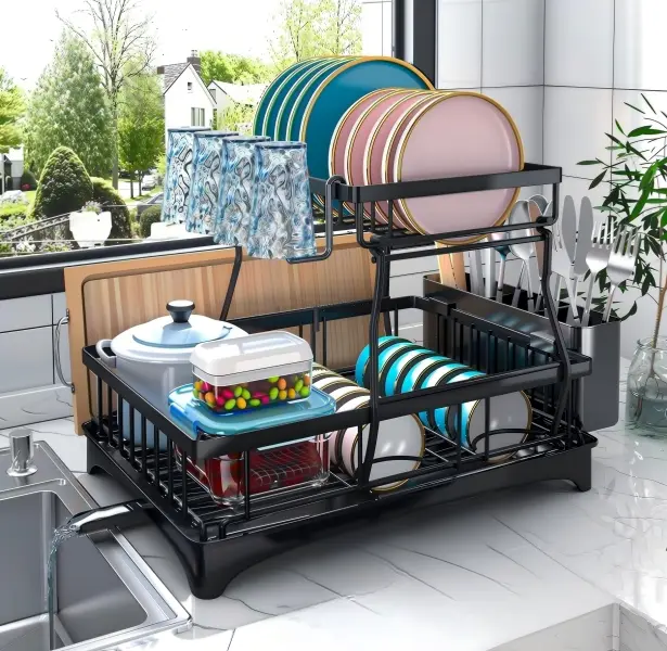 Black Metal 2-Tier Kitchen Counter Dish Drying Rack with Drainboard, Removable Utensil Organiser, Removable Cup Holder, Rust-Resistant Kitchenware, Multi-Tiered Sink Rack Shelving & Storage, Family-Friendly 17.3" L x 12.2" W x 13" H